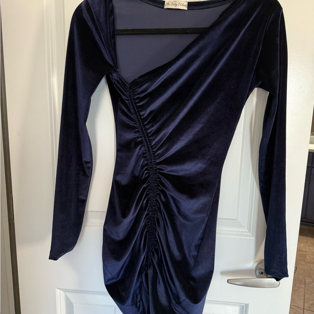 Elegant Navy Asymmetrical Velvet Dress